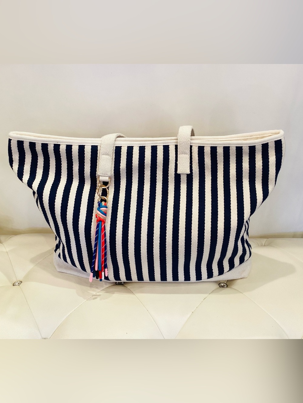 Shiraleah Navy and White Striped Canvas Tote with Tassel Charm